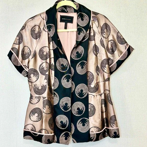 BCBGMAXAZRIA Silk Kimono Jacket Open Front Champagne Black Size Womens M - Picture 2 of 5